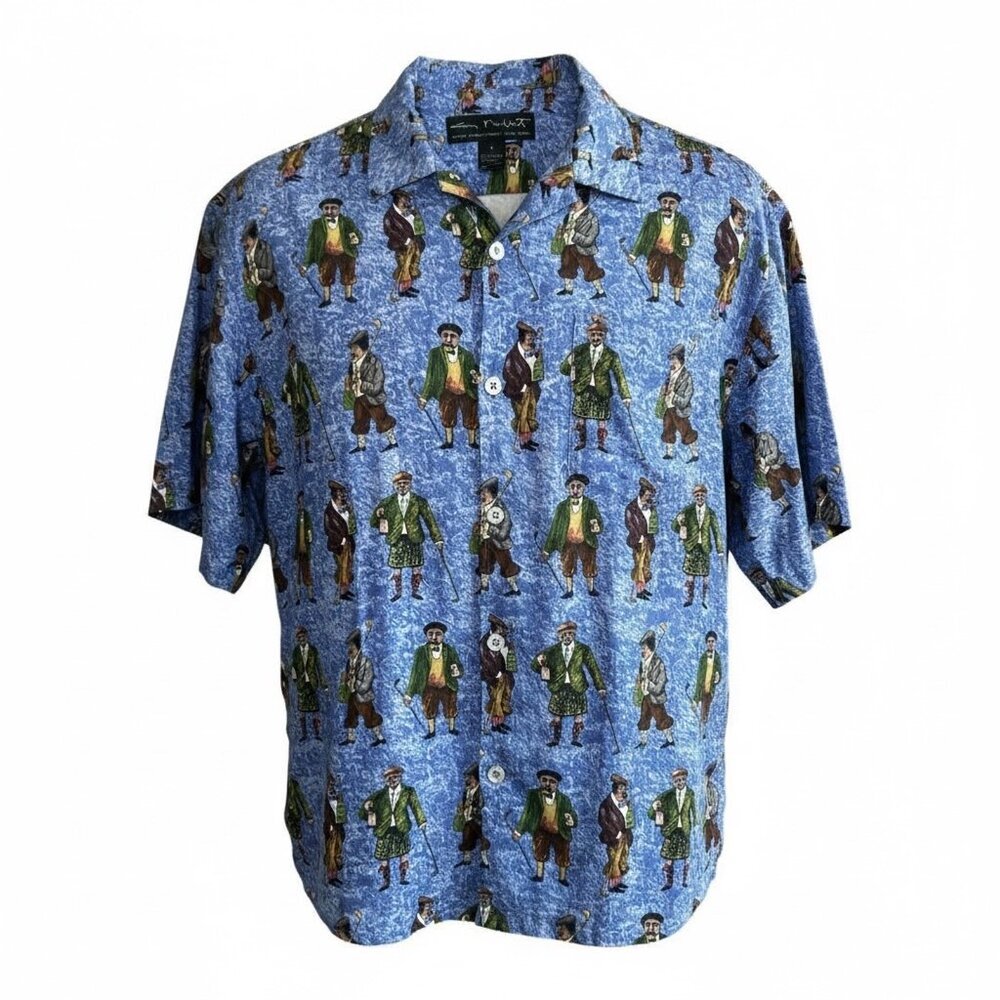 Guy Buffet Collection Men's Blue Golf Print 100% Silk Shirt Size L